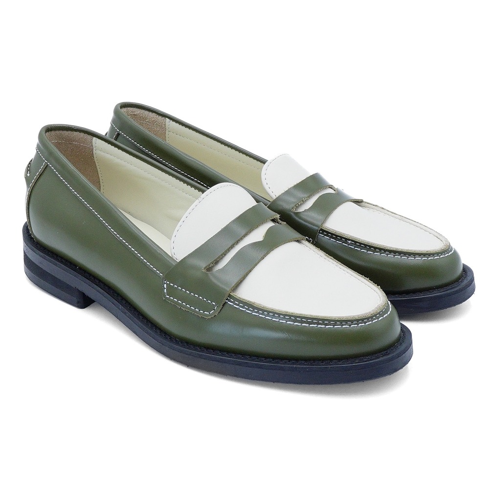NWT DUKE + DEXTER Women's US 7/UK 5 Olive Green White Leather Penny Loafer Shoes - Picture 4 of 11
